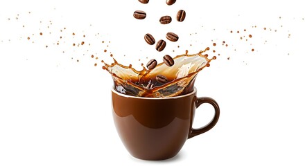 Fresh Roasted Coffee Beans Splashing Brown Mug Energy Drink Caffeine Morning hot cup dark rich warm 