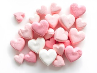 Fototapeta premium A Sweet Pile Of Pink And White Heart-shaped Marshmallows, A Delightful Valentines Day Treat, Overflowing With Love And Affection Against A Clean White Background