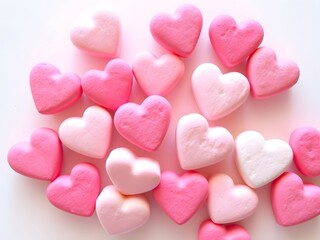 Fototapeta premium A Sweet Collection Of Pastel Pink Heart-shaped Marshmallows, A Delightful Valentines Day Treat, Evokes Feelings Of Love And Affection Against A Bright White Background