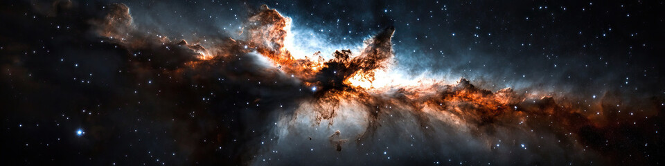 Naklejka premium Panoramic View of a Reddish-Orange and White Emission Nebula in Dark Space