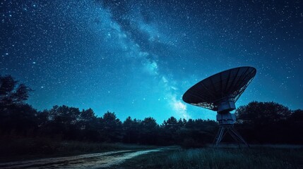 Satellite dish under a starry night sky.