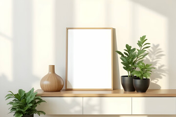 Fototapeta premium Modern Minimalistic Interior Display with Blank Frame, Table Plants, and Natural Light in a Serene Atmosphere