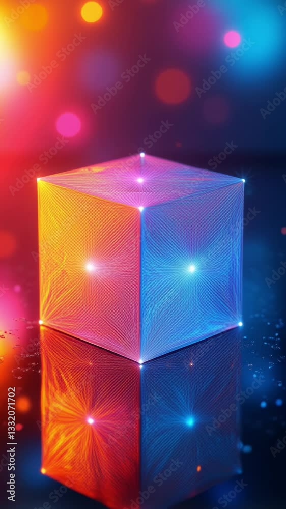 Poster Colorful geometric cube with intricate patterns and reflections on a vibrant background showcasing light effects and dynamic energy in an abstract artistic composition
