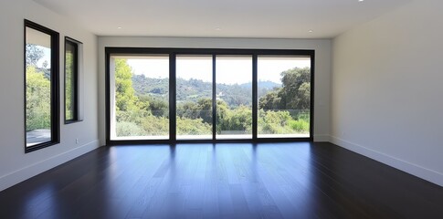 Fototapeta premium A spacious, modern interior with large windows showcasing a scenic outdoor view, featuring neutral walls and dark flooring.