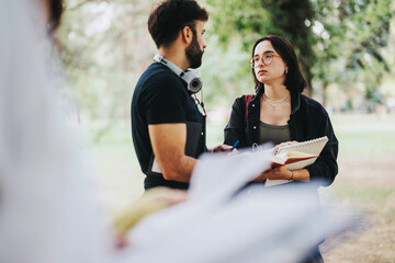 Students engage in a thoughtful discussion with a professor in a tranquil park setting. The outdoor...