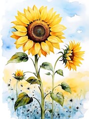 Watercolor Painting of Sunflowers in a Field