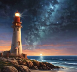 Naklejka premium Illustration of lighthouse with starry sky.
