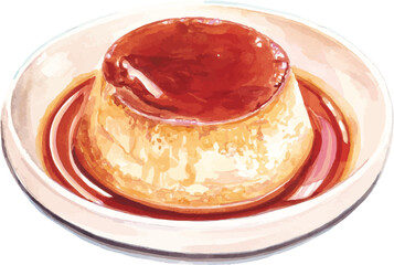 Watercolor Flan Dessert Isolated on White Background