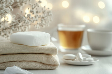 Cold compress on forehead with tea, tissues, and medicine in soft light.