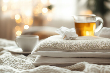 Natural flu season care with grain-filled heating pad, tea, and tissues.