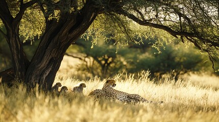 Mother cheetah and her cubs resting under the shade of an acacia tree their spotted coats blending into the tall grass