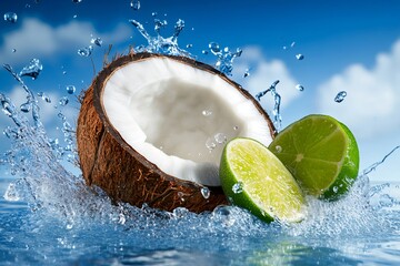 Coconut and lime halves splashing in refreshing blue water