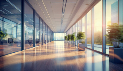 A bright and spacious modern office hallway with floor-to-ceiling glass windows, allowing natural sunlight to stream in. The corridor is lined with green potted plants in sleek metal containers, creat