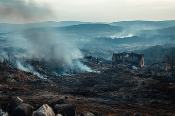 Destruction of a European village with smoke rising in the aftermath of conflict Generative AI