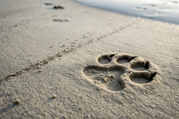 Dog paw print in wet beach sand by the ocean shoreline