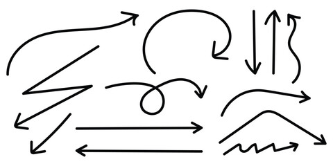 Collection of various hand-drawn arrows in different styles, including straight, curved, and swirling designs vector on white background