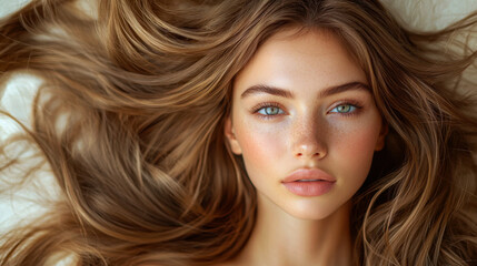 Naklejka premium Close-up of a young woman showcasing her long wavy hair and radiant skin in a soft, natural light setting