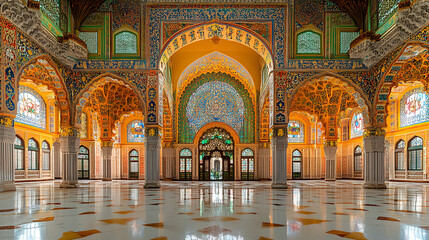 Fototapeta premium Intricate Interior: Capturing the grandeur of architectural design, this image features the interior of an ornate structure with vibrant murals, ornate arches, and intricate details.