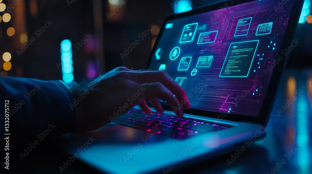 Poster digital interface interaction with laptop displaying data analysis at night in a modern environment