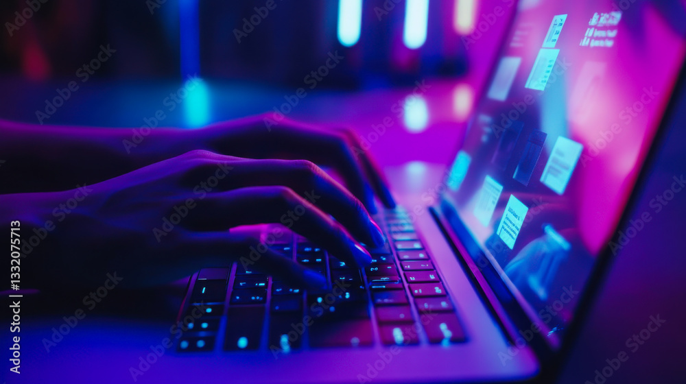 Poster digital interface interaction with laptop displaying data analysis at night in a modern environment