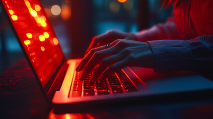 Creative person typing on laptop illuminated by red lights in a cozy indoor environment at night
