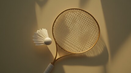 Tennis Racket and Shuttlecock on Soft Yellow Background