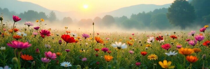 Obraz premium Majestic field of vibrant wildflowers in the morning mist, nature, rural