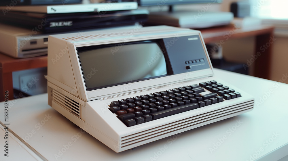 Wall mural retro computer on desk: an evocative shot capturing the vintage charm of an old-school computer, com