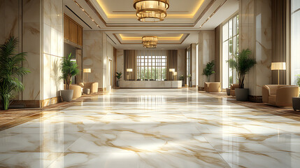 Fototapeta premium Grand Lobby Interior: An expansive and opulent lobby with elegant design elements, natural light flooding through large windows, a marble floor, and stylish furnishings.