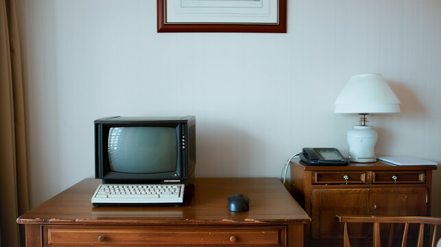 Vintage Office Setup: An old-fashioned computer setup in an office, featuring a CRT monitor, a classic keyboard, a mouse, and a telephone.