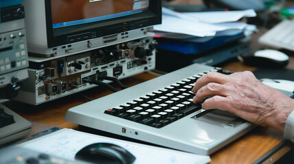 Vintage Computing: A close-up shot of an individual's hands typing on a classic vintage keyboard. The keyboard is part of a retro computer setup, hinting at a bygone era of technology.