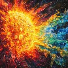 Vibrant artistic painting of a radiant sun illuminating the canvas with bright colors