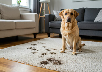 Golden labrador sitting on carpet with muddy paw prints in cozy living room