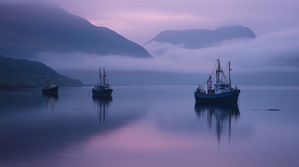 Fototapeta premium Boats floating on tranquil waters near mountains at dawn