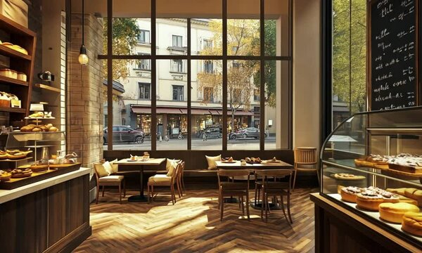 Charming Parisian Bakery Interior: Sunlight Streaming Through Large Windows, Showcasing Delicious Pastries and Cozy Seating
