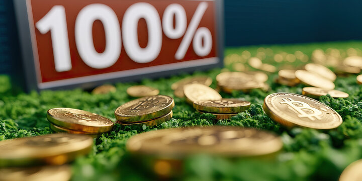 Gold Bitcoins on Moss with 100% Sign