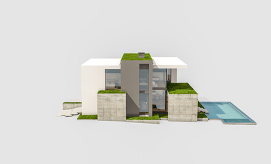 3d rendering of flat roof house with parking and pool for sale or rent with concrete facade and beautiful landscaping on background. Isolated on white