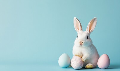 Fototapeta premium Rabbit surrounded by colorful Easter eggs on a pastel blue background.