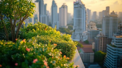 Green rooftop garden overlooks a blurred cityscape during golden hour