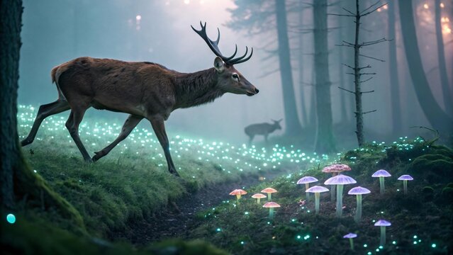 Deer in Magical Forest with Glowing Mushrooms
