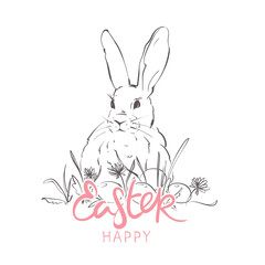 Greeting card or banner for Easter holidays. Rabbit, flowers and egg. Vector background, Sketch in lines, freehand drawing.