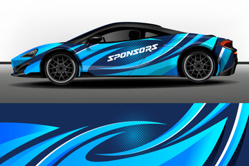 Sport car sticker design vector. Car sticker design. Sporty blue background with light blue abstract stripes for racing livery or vinyl sticker for daily use. Car design development for company.