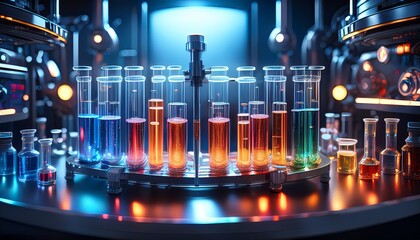 Cutting-edge laboratory setup showcasing a high-tech apparatus with various test tubes and glass vials, each filled with a distinct glowing liquid displaying a different scientific property