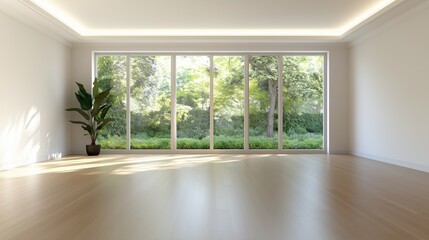 Fototapeta premium an empty room with large windows looking out onto a vibrant garden