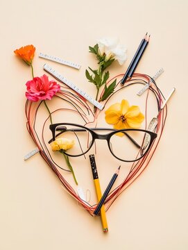 Teatcher's heart made of flowers, glasses, and stationery on a soft pastel background. Symbolizing creativity, inspiration, and intellectual passion, this unique arrangement blends nature and craf
