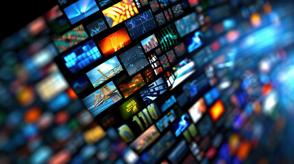 Digital mosaic of countless video screens illuminating a dark space, showcasing diverse content in a mesmerizing display of modern media