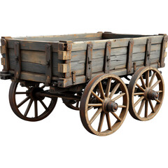 Fototapeta premium Rusty Vintage Cart with Wooden Wheels Isolated on White Background
