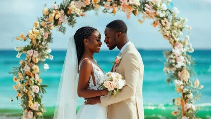 African American couple exchanging vows under floral arch at beach wedding during sunny day with turquoise ocean backdrop