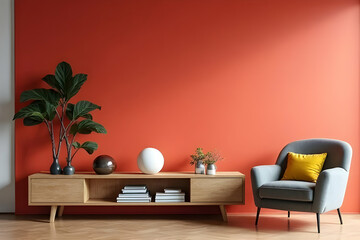 Contemporary Living Room Interior with Cozy Seating and Decorative Elements Against Vibrant Orange Wall