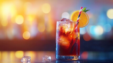 Iced Dark Cocktail with Orange Slice and Straw in a Glass
